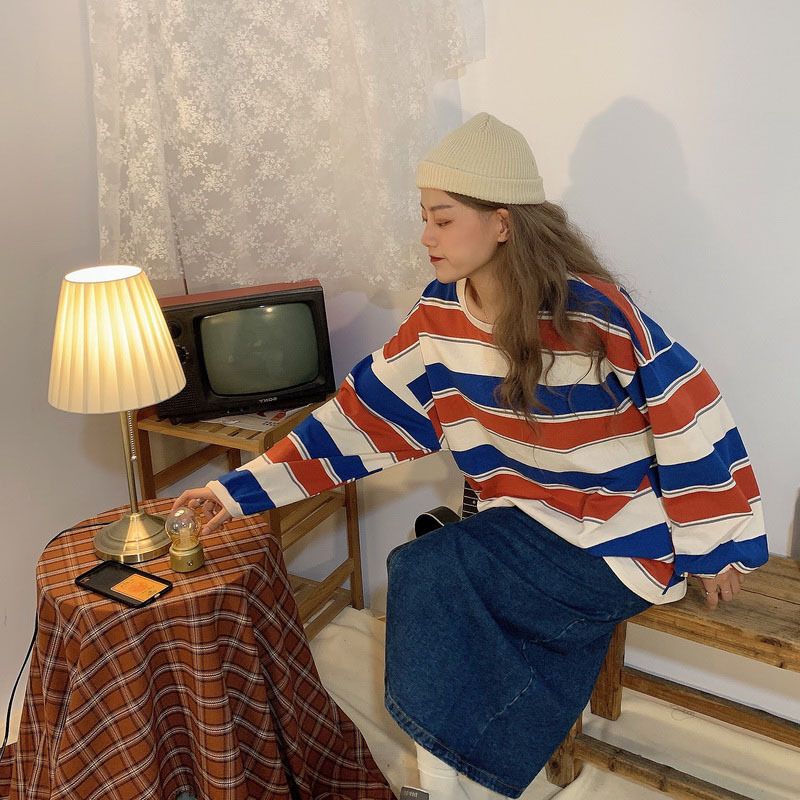 Internet celebrity t-shirt women's ins super hot striped long sleeved top 2020 autumn new Korean version loose student base shirt Orange Blue M