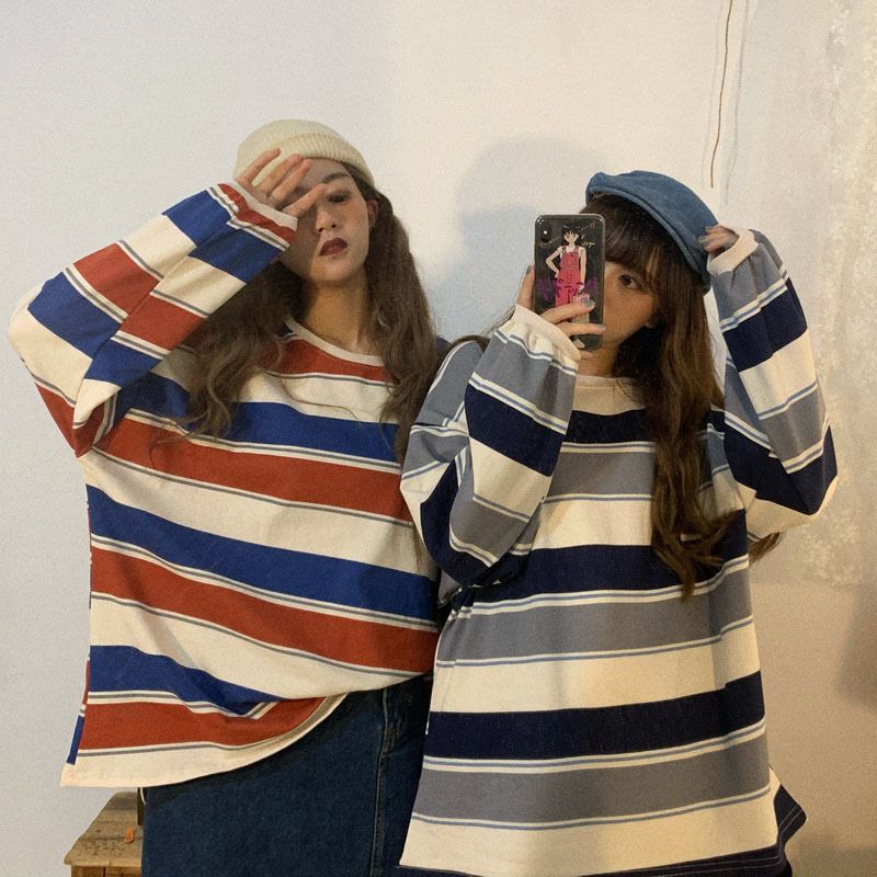 Internet celebrity t-shirt women's ins super hot striped long sleeved top 2020 autumn new Korean version loose student base shirt Orange Blue M