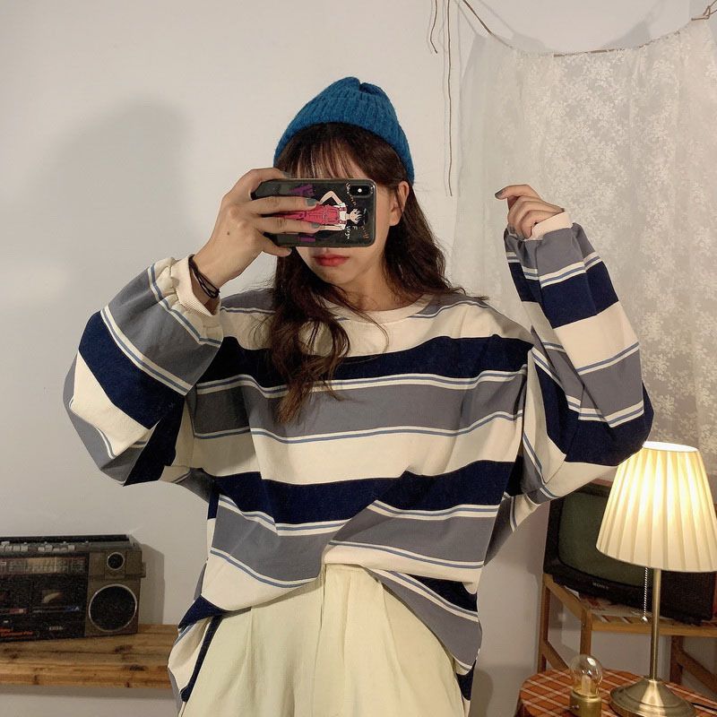 Internet celebrity t-shirt women's ins super hot striped long sleeved top 2020 autumn new Korean version loose student base shirt Orange Blue M