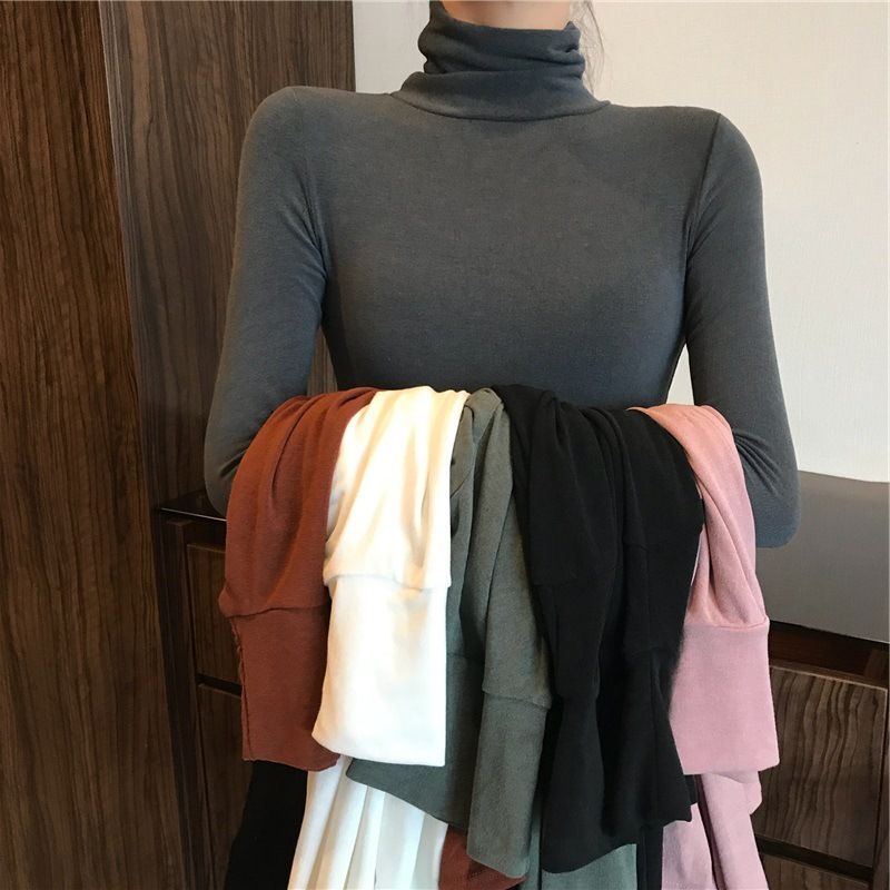 Solid color high neck base shirt for women 2025 versatile Korean version internet celebrity autumn and winter interior long sleeved T-shirt for women slim fit top trend blue M