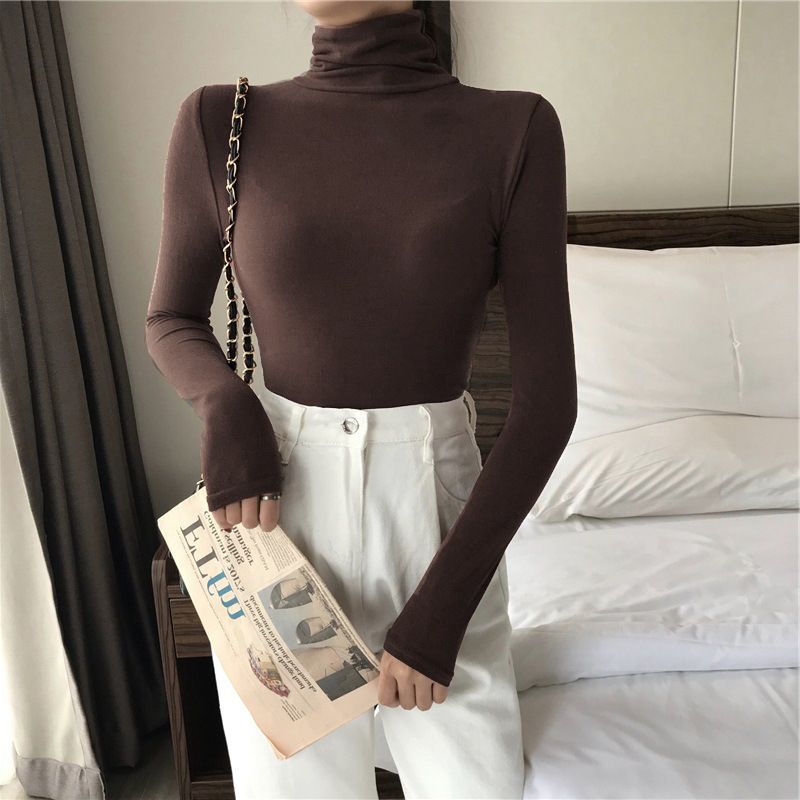 Solid color high neck base shirt for women 2025 versatile Korean version internet celebrity autumn and winter interior long sleeved T-shirt for women slim fit top trend blue M
