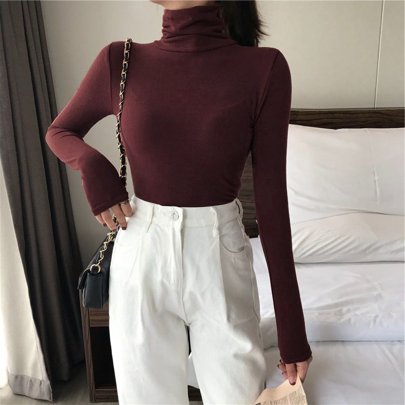 Solid color high neck base shirt for women 2025 versatile Korean version internet celebrity autumn and winter interior long sleeved T-shirt for women slim fit top trend blue M