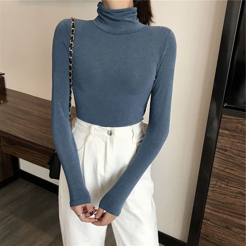 Solid color high neck base shirt for women 2025 versatile Korean version internet celebrity autumn and winter interior long sleeved T-shirt for women slim fit top trend blue M