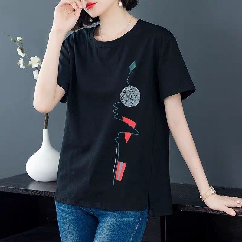Short sleeved t-shirt women's 2025 new women's summer Korean version loose plus size fat mm artistic printed T-shirt top trend black M 80-90 pounds