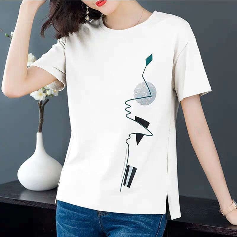 Short sleeved t-shirt women's 2025 new women's summer Korean version loose plus size fat mm artistic printed T-shirt top trend black M 80-90 pounds