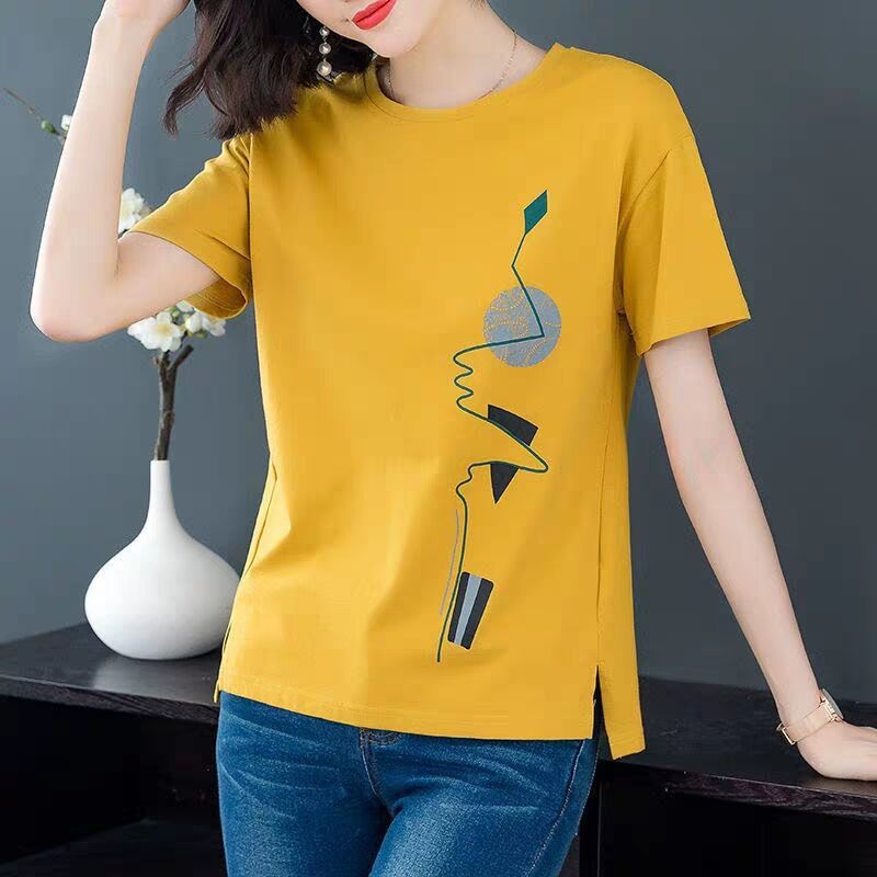 Short sleeved t-shirt women's 2025 new women's summer Korean version loose plus size fat mm artistic printed T-shirt top trend black M 80-90 pounds