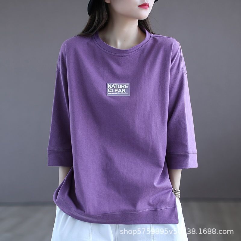 Fashion Label Seven Sleeve Purple T-shirt Women's Short Sleeve Bottom Shirt Casual Loose Large Women's Spring/Summer Top black M