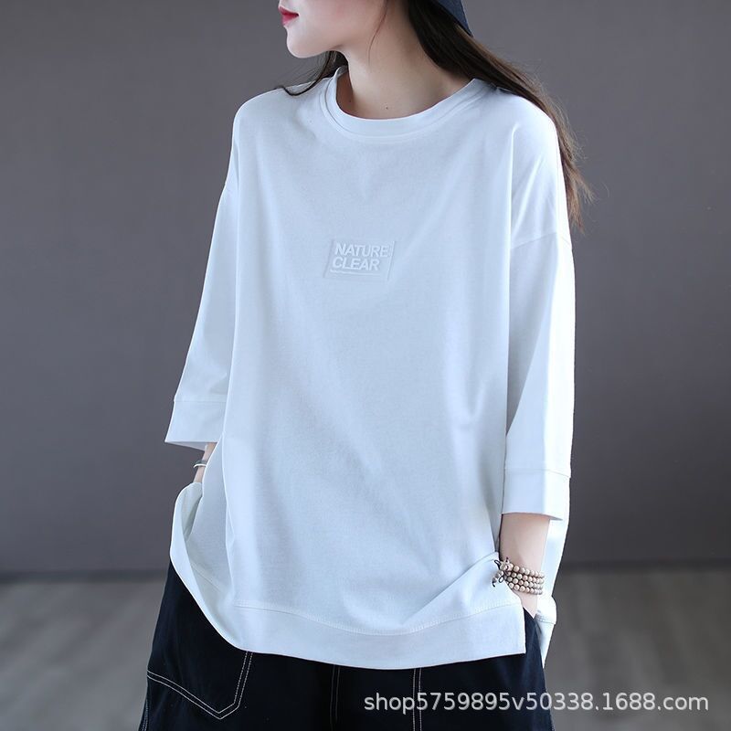 Fashion Label Seven Sleeve Purple T-shirt Women's Short Sleeve Bottom Shirt Casual Loose Large Women's Spring/Summer Top black M