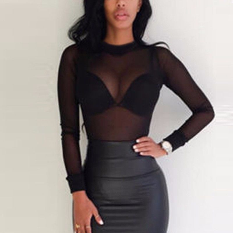 WSIH AliExpress Elastic Tight Perspective Ultra Thin Sexy Mesh Bottom Shirt Transparent Long Sleeve T-shirt for Women black S