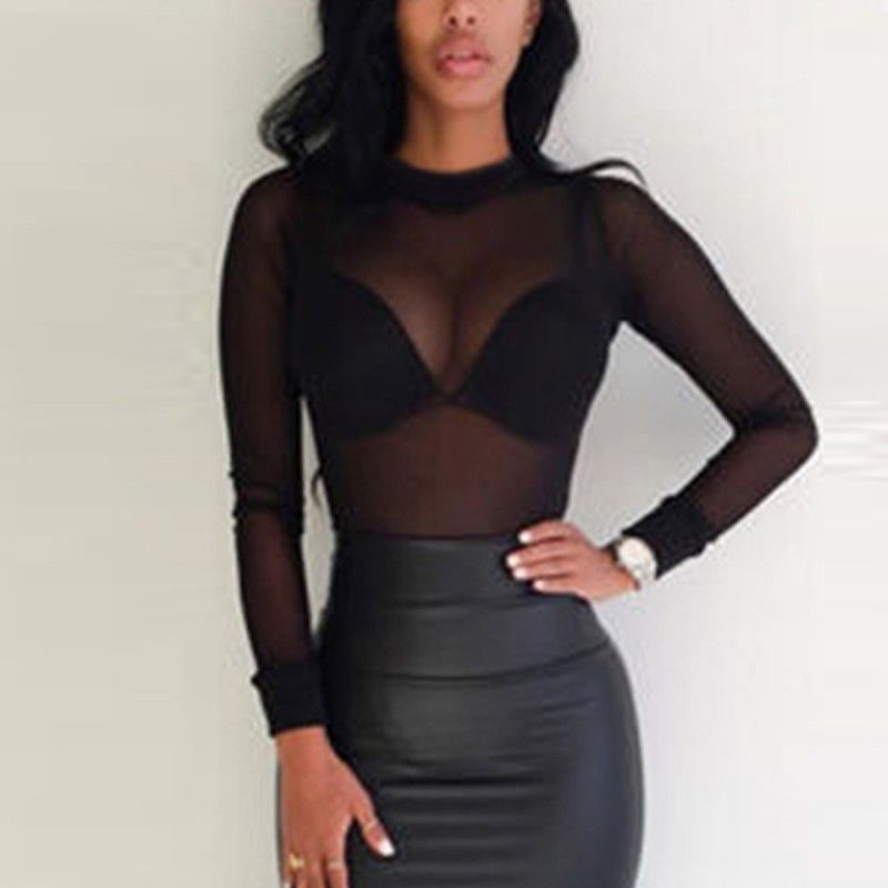 WSIH AliExpress Elastic Tight Perspective Ultra Thin Sexy Mesh Bottom Shirt Transparent Long Sleeve T-shirt for Women black S