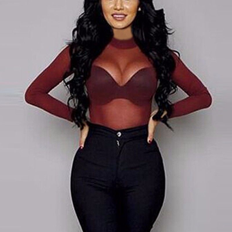 WSIH AliExpress Elastic Tight Perspective Ultra Thin Sexy Mesh Bottom Shirt Transparent Long Sleeve T-shirt for Women black S