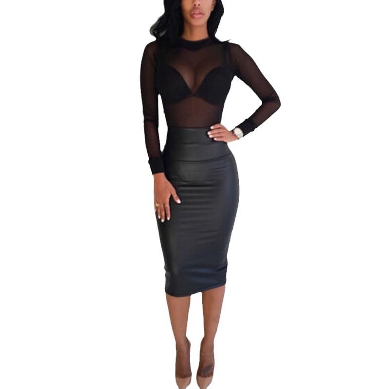 WSIH AliExpress Elastic Tight Perspective Ultra Thin Sexy Mesh Bottom Shirt Transparent Long Sleeve T-shirt for Women black S