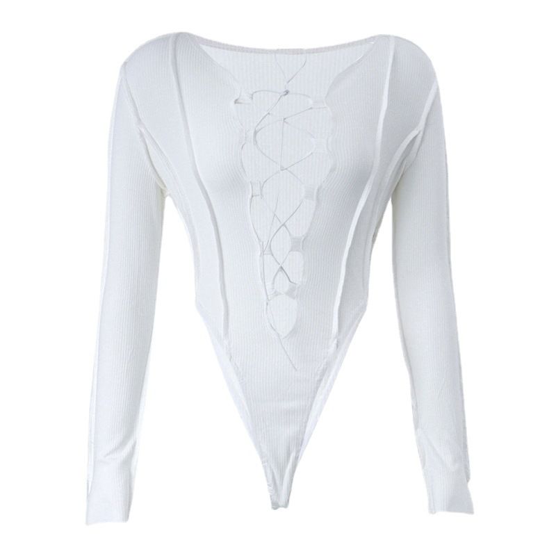Hot girl long sleeved T-shirt top jumpsuit with hollow lace up thread sexy slim fit explosive street European and American LTY44186-Bai S