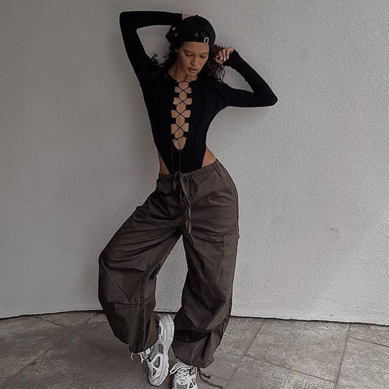 Hot girl long sleeved T-shirt top jumpsuit with hollow lace up thread sexy slim fit explosive street European and American LTY44186-Bai S