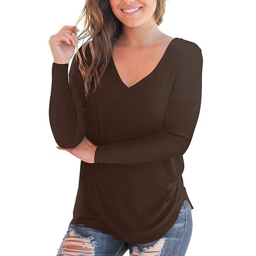 2019 European and American women's solid color base shirt Amazon Wish cross-border hot selling new V-neck long sleeved women's T-shirt black S