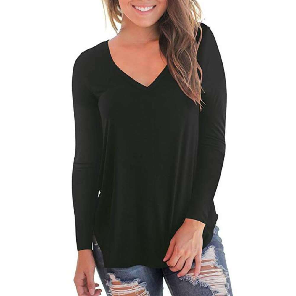 2019 European and American women's solid color base shirt Amazon Wish cross-border hot selling new V-neck long sleeved women's T-shirt black S