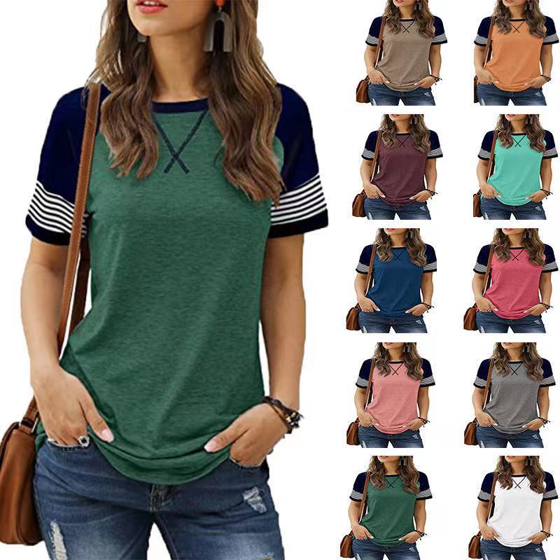 Cross border Amazon hot casual women's clothing new patchwork gradient short sleeved women's casual T-shirt white S