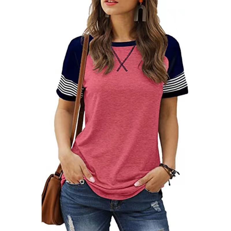 Cross border Amazon hot casual women's clothing new patchwork gradient short sleeved women's casual T-shirt white S
