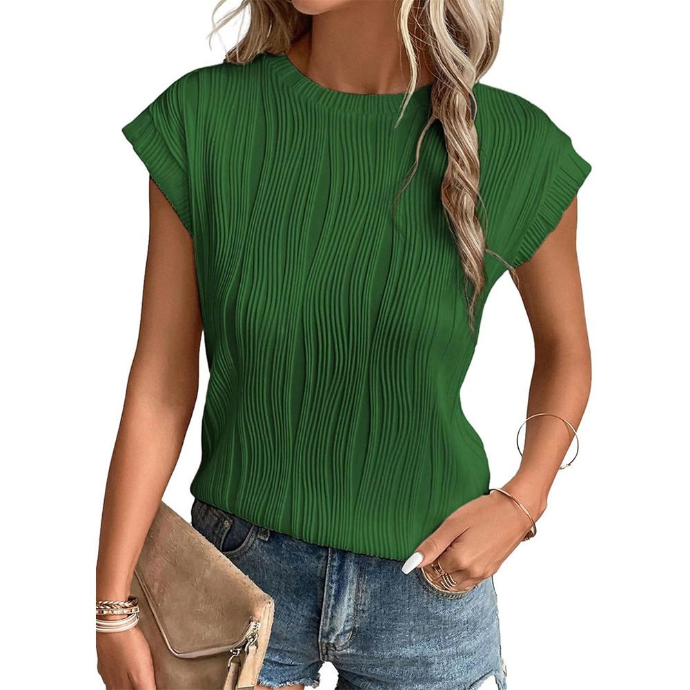 2024 Amazon hot item Wish European and American new round neck short sleeved textured T-shirt top for women's cross-border foreign trade women's clothing green S