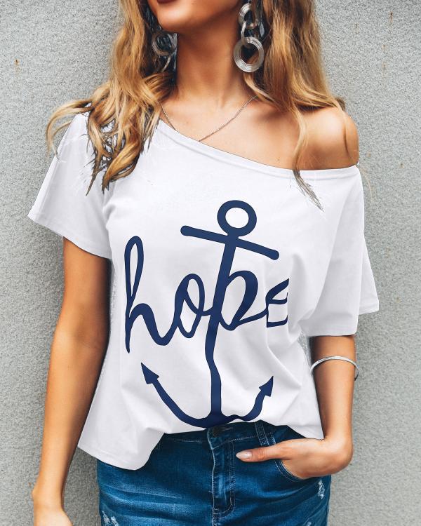 European and American cross-border new summer one collar plus size loose bat shirt with boat anchor print casual short sleeved T-shirt for women blue S