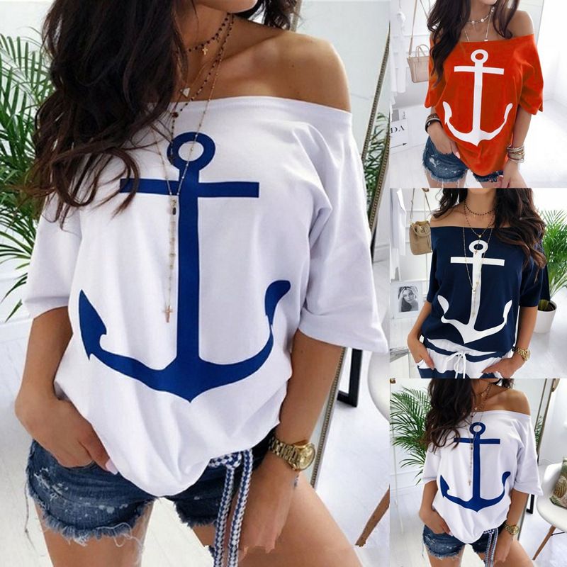 European and American cross-border new summer one collar plus size loose bat shirt with boat anchor print casual short sleeved T-shirt for women blue S