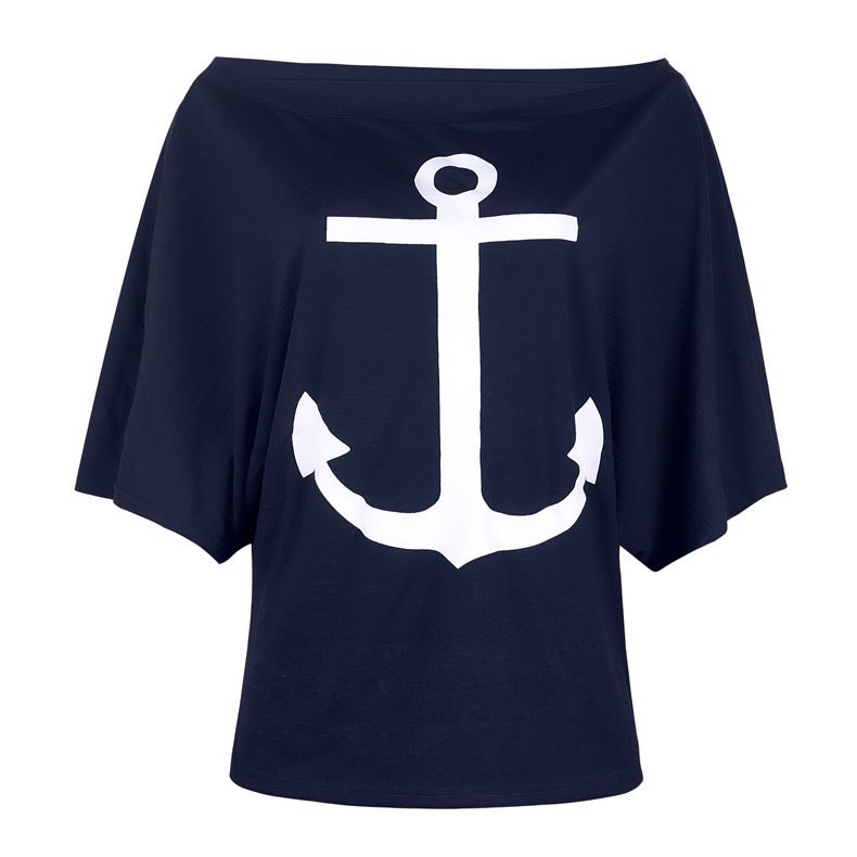 European and American cross-border new summer one collar plus size loose bat shirt with boat anchor print casual short sleeved T-shirt for women blue S