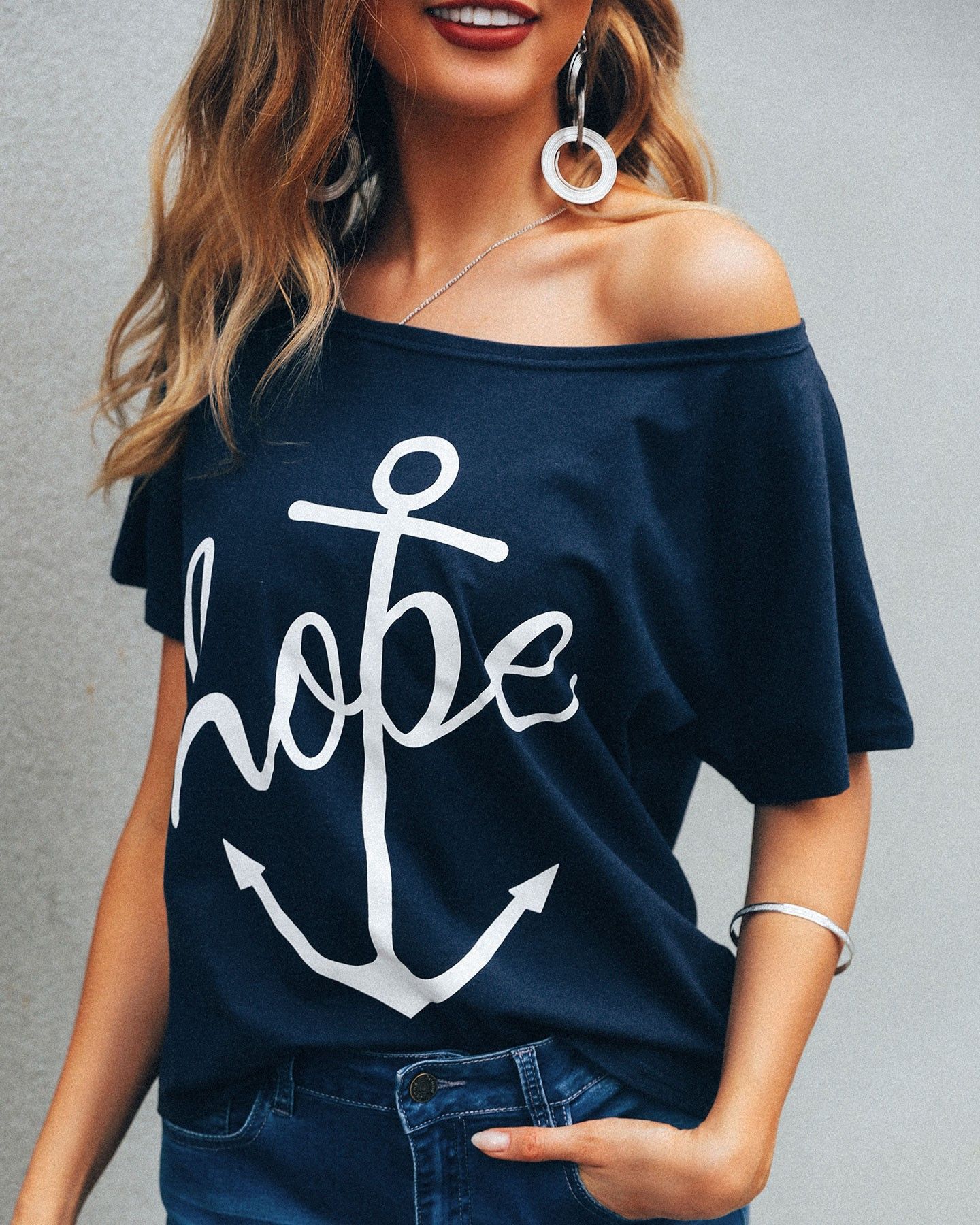 European and American cross-border new summer one collar plus size loose bat shirt with boat anchor print casual short sleeved T-shirt for women blue S