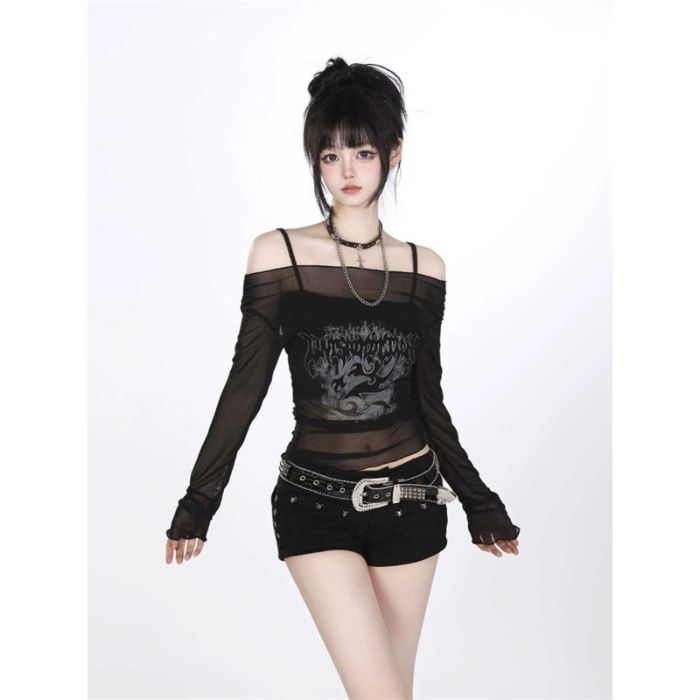 [Mesh Fabric] American Hot Girl Pure Desire One Shoulder Sunscreen Mesh Long Sleeve T-shirt Women's Dragon Pattern Perspective Top black S