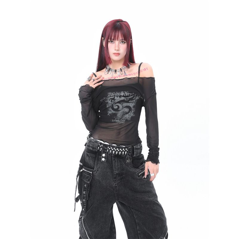 [Mesh Fabric] American Hot Girl Pure Desire One Shoulder Sunscreen Mesh Long Sleeve T-shirt Women's Dragon Pattern Perspective Top black S