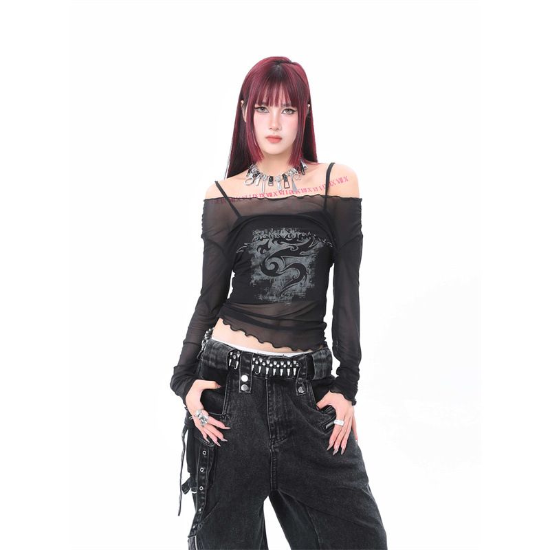 [Mesh Fabric] American Hot Girl Pure Desire One Shoulder Sunscreen Mesh Long Sleeve T-shirt Women's Dragon Pattern Perspective Top black S