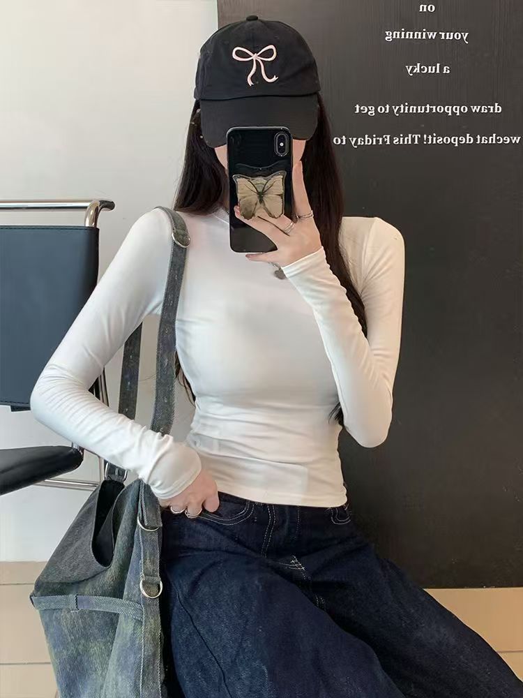 Cross border Korean semi high neck double-sided German velvet base shirt for women's autumn and winter new style, inner long sleeved T-shirt top, slim fit Style_1 M