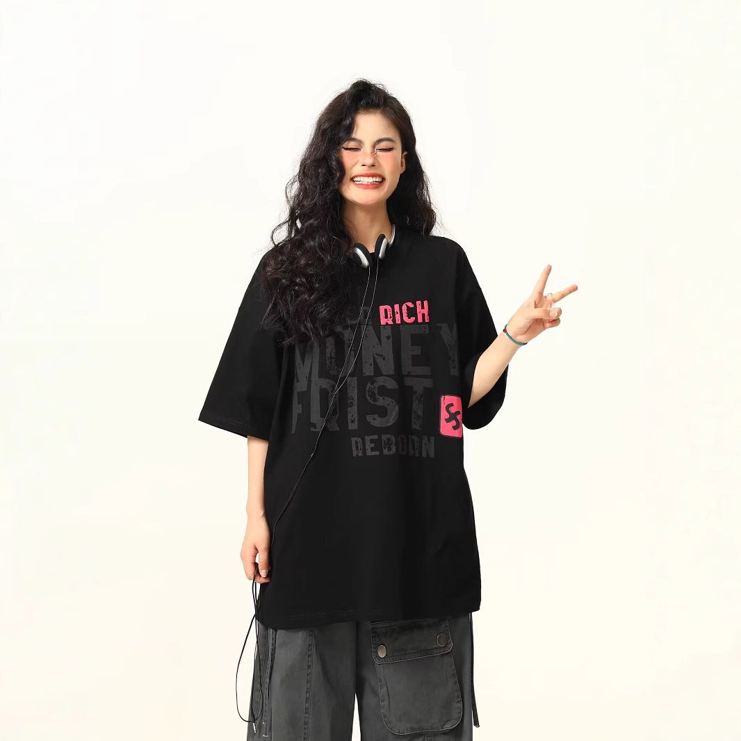 Short sleeved t-shirt women's trendy brand summer new letter printed five quarter sleeve American loose casual round neck half sleeved top black M