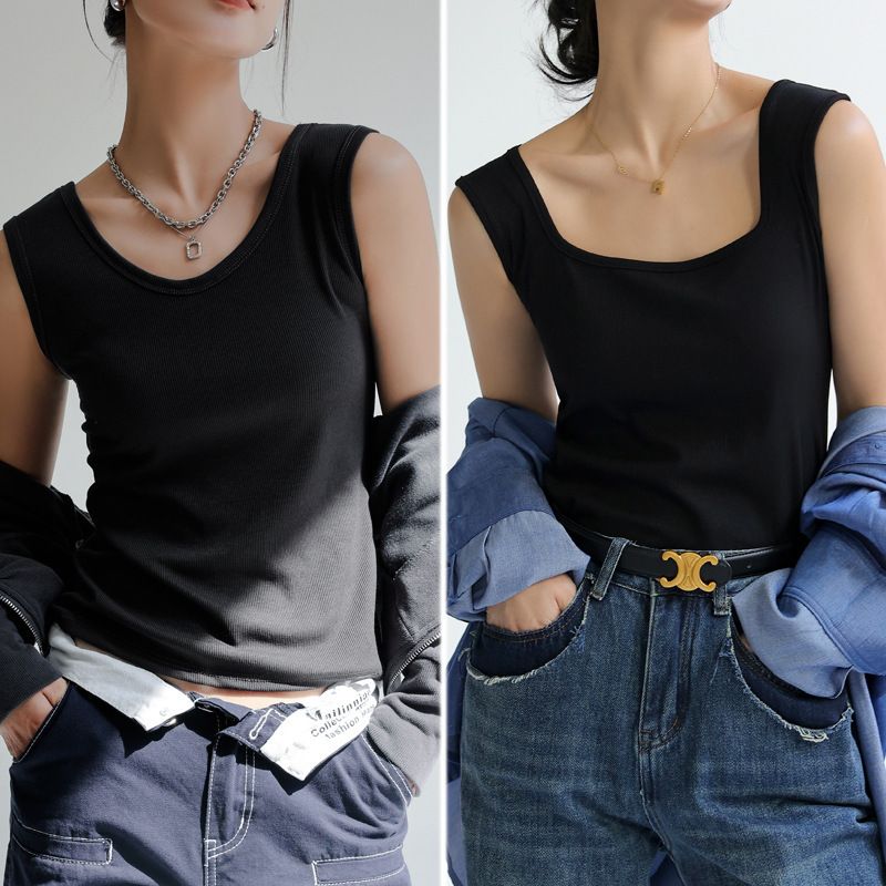 Wide shoulder square neck small camisole vest for women, reversible, worn inside and outside, summer 2025 new cross shaped bottom top black XL recommends 115-130 pounds