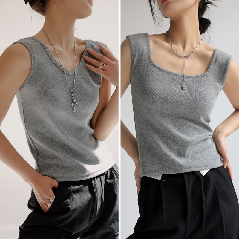 Wide shoulder square neck small camisole vest for women, reversible, worn inside and outside, summer 2025 new cross shaped bottom top black XL recommends 115-130 pounds