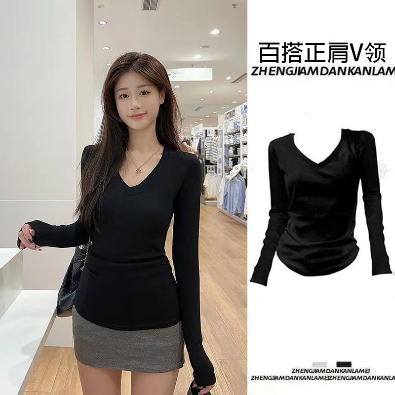 American style shoulder V-neck long sleeved T-shirt for women in autumn and winter, versatile design, slim fit, slimming and age reducing base, trendy top black XL recommends 115-130 pounds