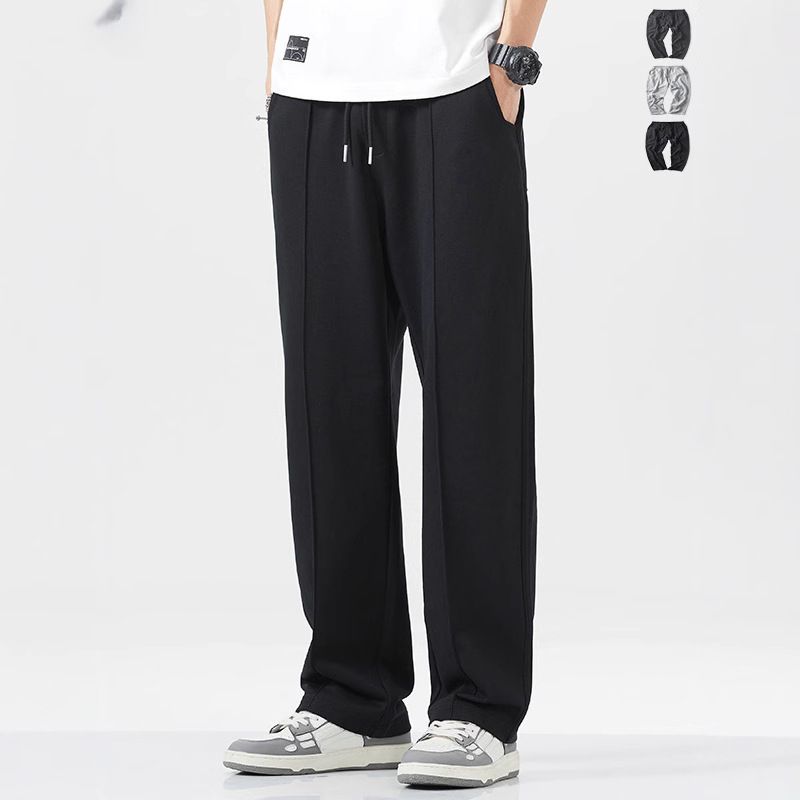 2*PC Cross border export of summer new loose straight leg sports pants for men, trendy brand plus large casual drape floor length sweatpants black L