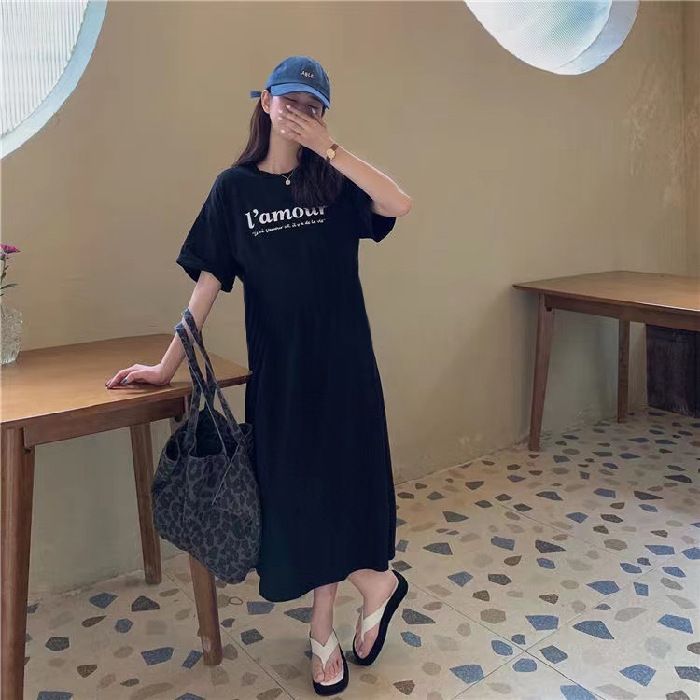 Summer plus size short sleeved casual loose dress for women weighing 200 pounds, with a fat mm print and a stylish versatile over the knee lazy skirt pink M