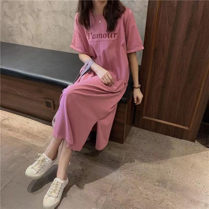 Summer plus size short sleeved casual loose dress for women weighing 200 pounds, with a fat mm print and a stylish versatile over the knee lazy skirt pink M