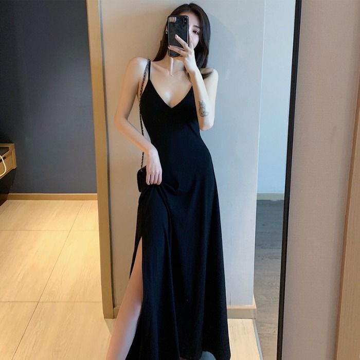 New suspender black dress sexy and gentle V-neck base retro long style side slit black dress for women 471 Black M