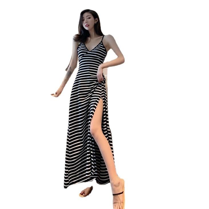 New suspender black dress sexy and gentle V-neck base retro long style side slit black dress for women 471 Black M