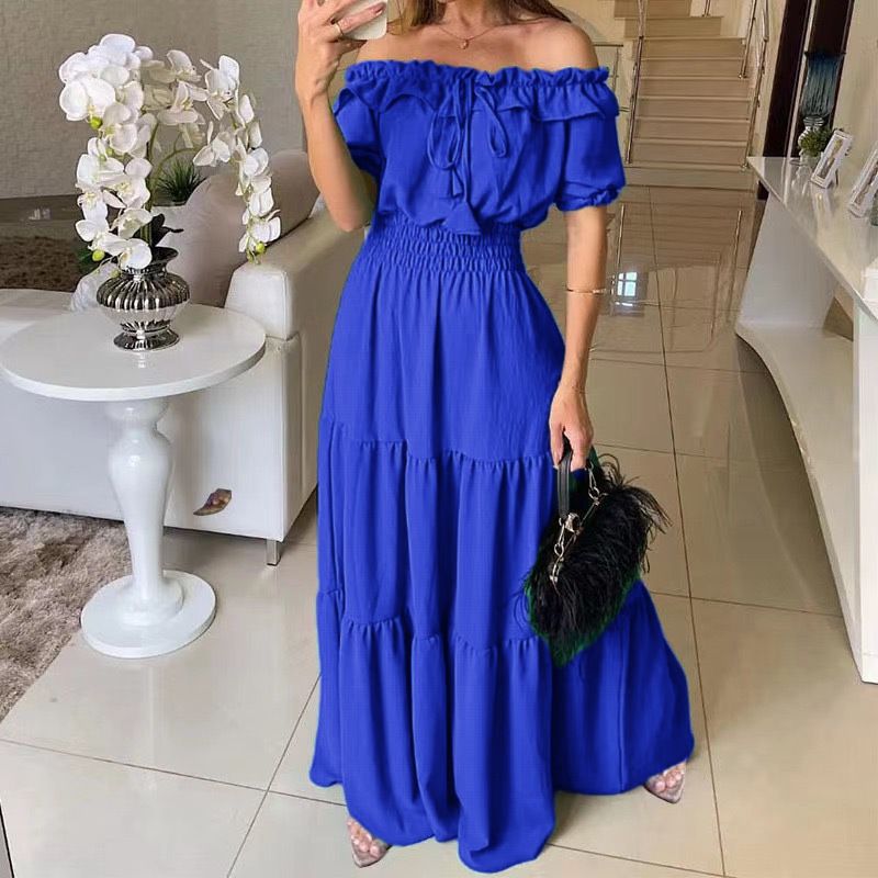 2025 European and American Cross border Foreign Trade New Fashionable Solid Color Lotus Lace, Leaf Edge Skincare, Bubble Sleeves, Large Swing Dress blue S