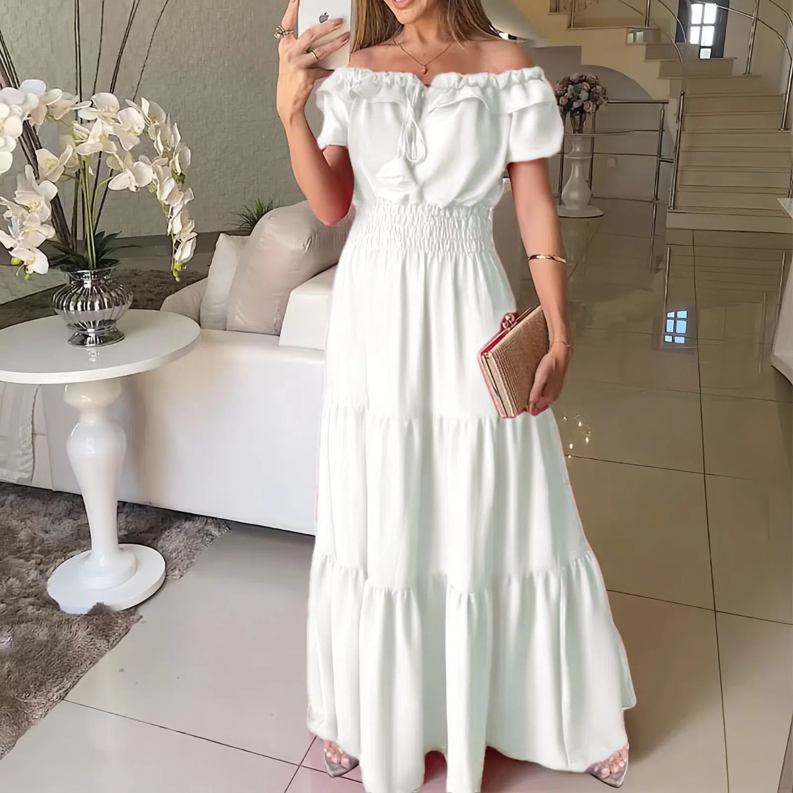 2025 European and American Cross border Foreign Trade New Fashionable Solid Color Lotus Lace, Leaf Edge Skincare, Bubble Sleeves, Large Swing Dress blue S