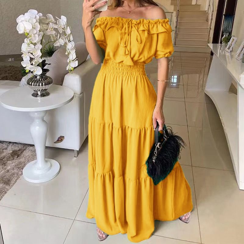 2025 European and American Cross border Foreign Trade New Fashionable Solid Color Lotus Lace, Leaf Edge Skincare, Bubble Sleeves, Large Swing Dress blue S