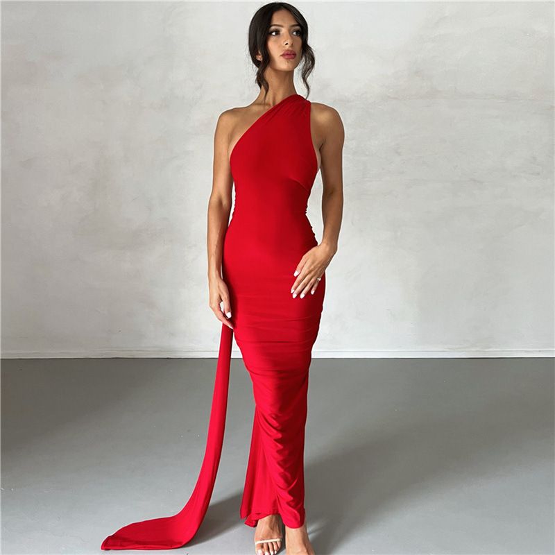2024 Spring/Summer New Cross border Women's Dress with European and American Style, Sexy Bareback Hanging Neck, Hip Wrap, Slimming Evening Dress for Women red S