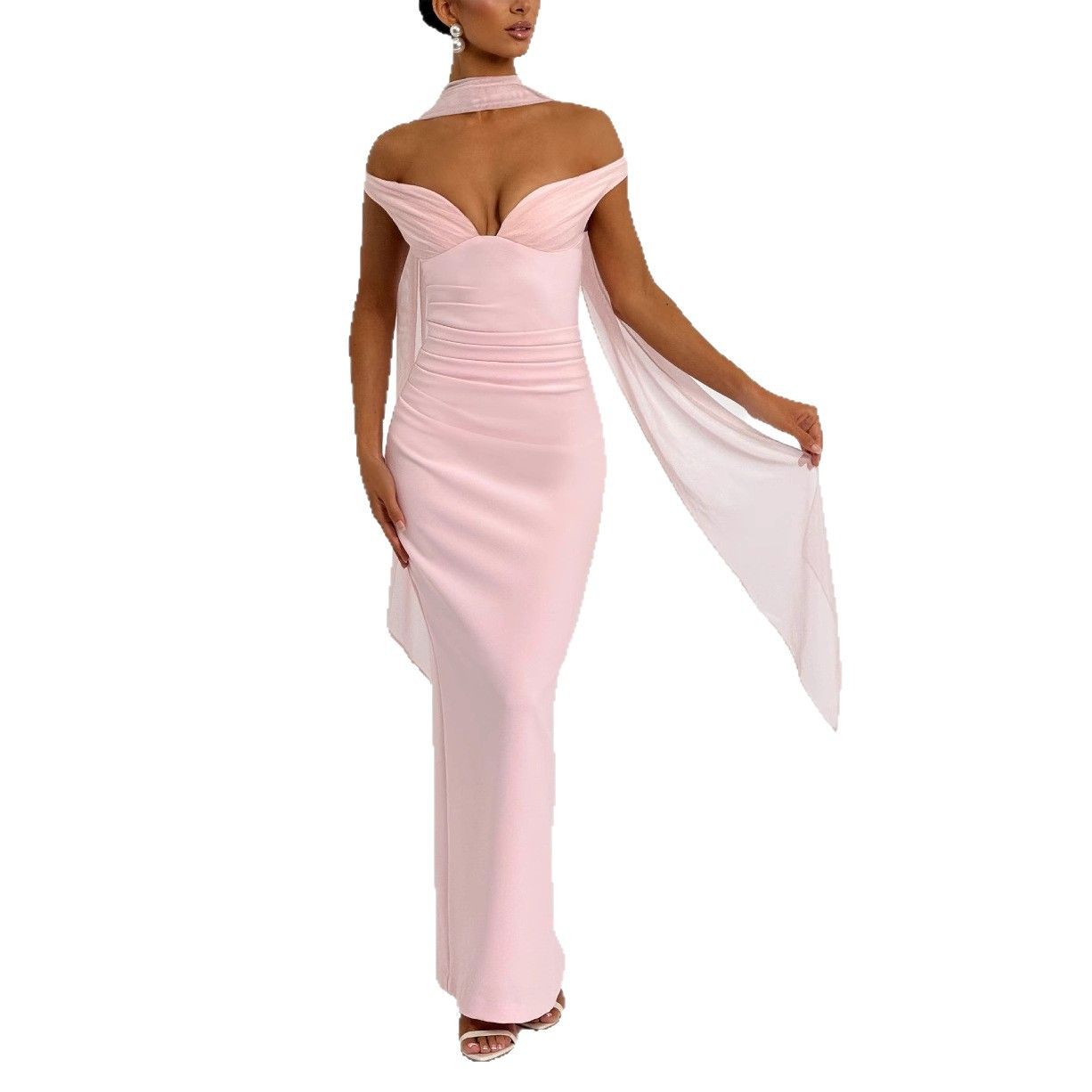 2025 Spring New Sexy Hot Girl strapless Dress Long Skirt with One Shoulder, Waist cinched, Elastic Hip Wrap Dress for Women pink S
