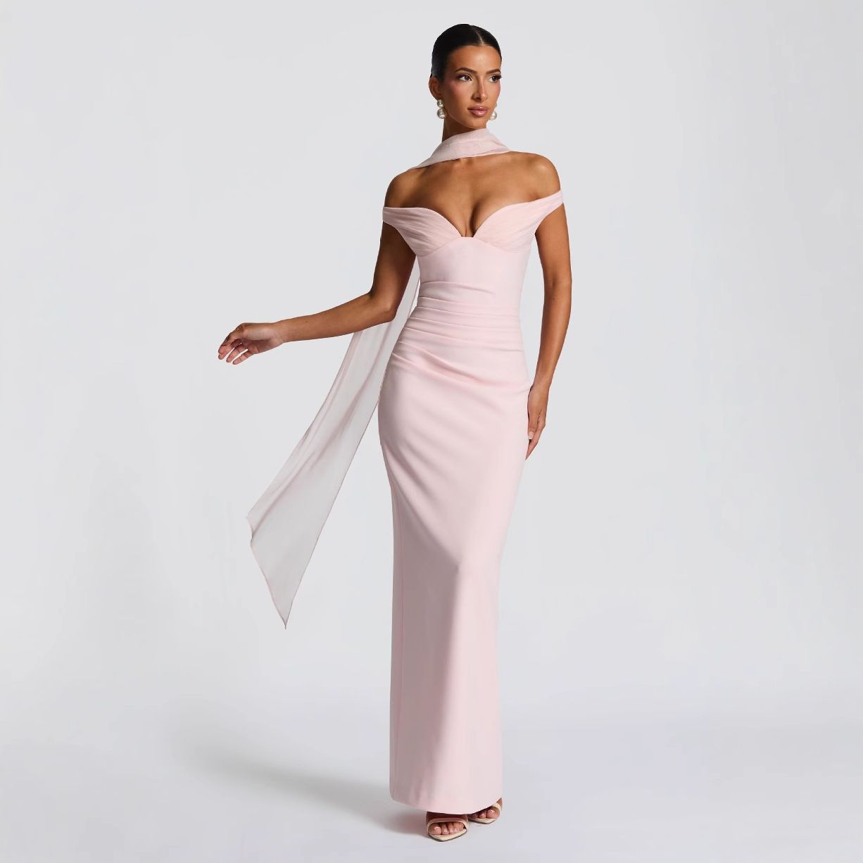 2025 Spring New Sexy Hot Girl strapless Dress Long Skirt with One Shoulder, Waist cinched, Elastic Hip Wrap Dress for Women pink S