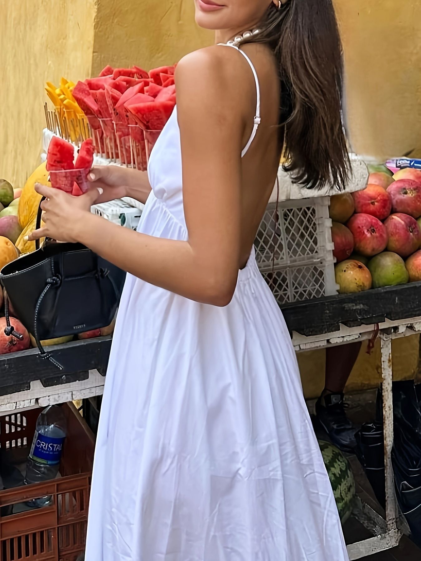 New cross-border solid color camisole dress sexy spicy girl A-line skirt V-neck high waist backless long skirt for women Bai S
