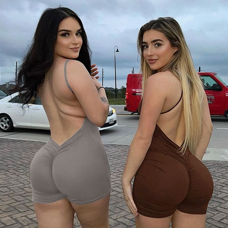 Cross border women's fashion sleeveless camisole with waist cinching, sexy hip lifting, slim fit, backless pleated jumpsuit shorts from Europe and America black S