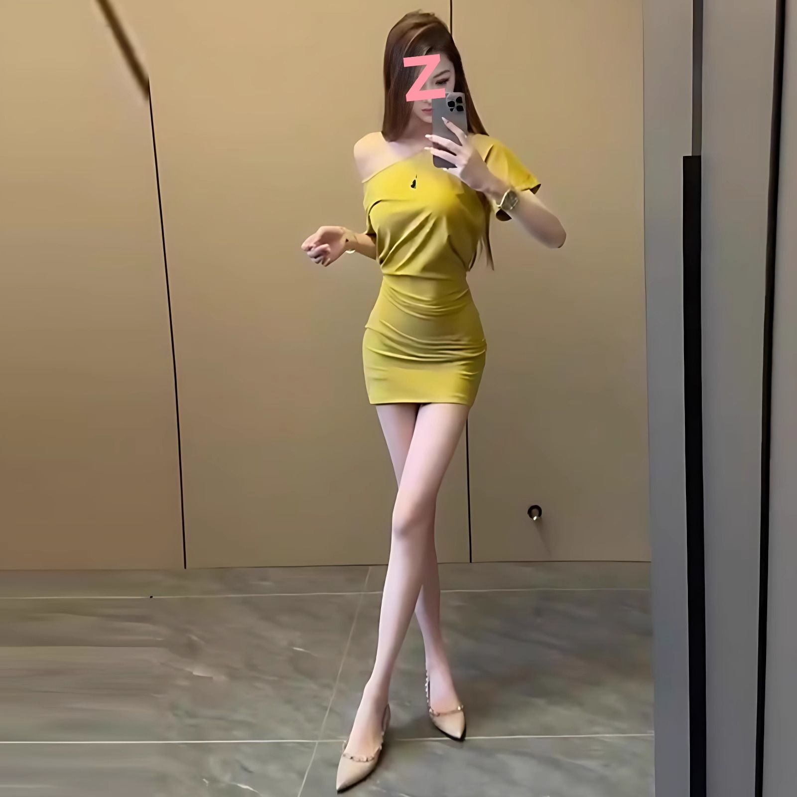 High quality! Yellow off shoulder short sleeved T-shirt dress, women's summer waist cinching dress, spicy girl style hip hugging short skirt yellow S