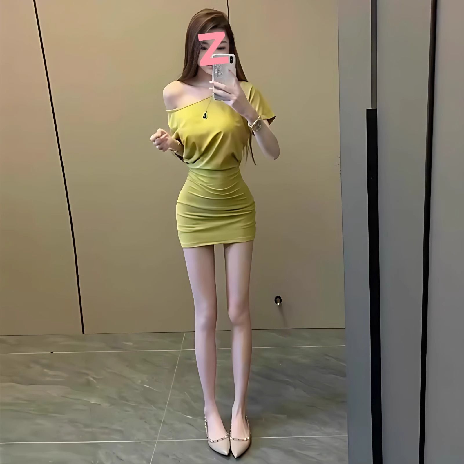 High quality! Yellow off shoulder short sleeved T-shirt dress, women's summer waist cinching dress, spicy girl style hip hugging short skirt yellow S